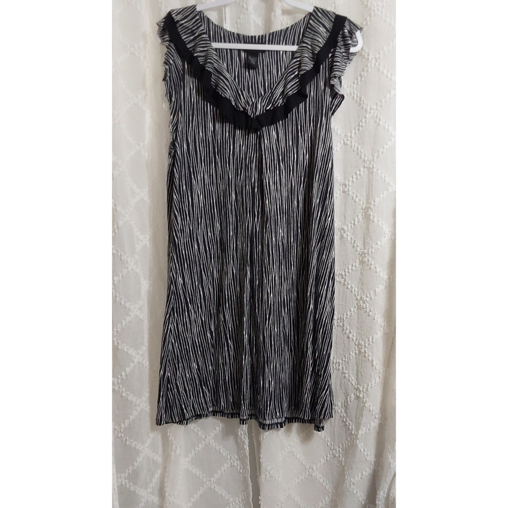 Axcess Liz Claiborne Black White Striped Ruffle V-Neck Rayon Dress Womens Large